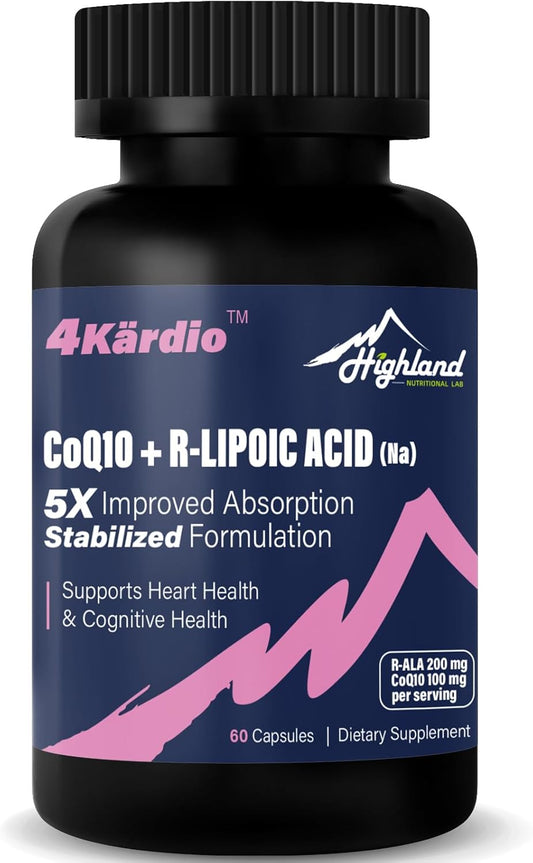 Heart and Brain Health Support: Highland Nutritional Lab CoQ10 100mg + R-Lipoic Acid (Na) 200mg - 60 Capsules, Enhanced Absorption Formula