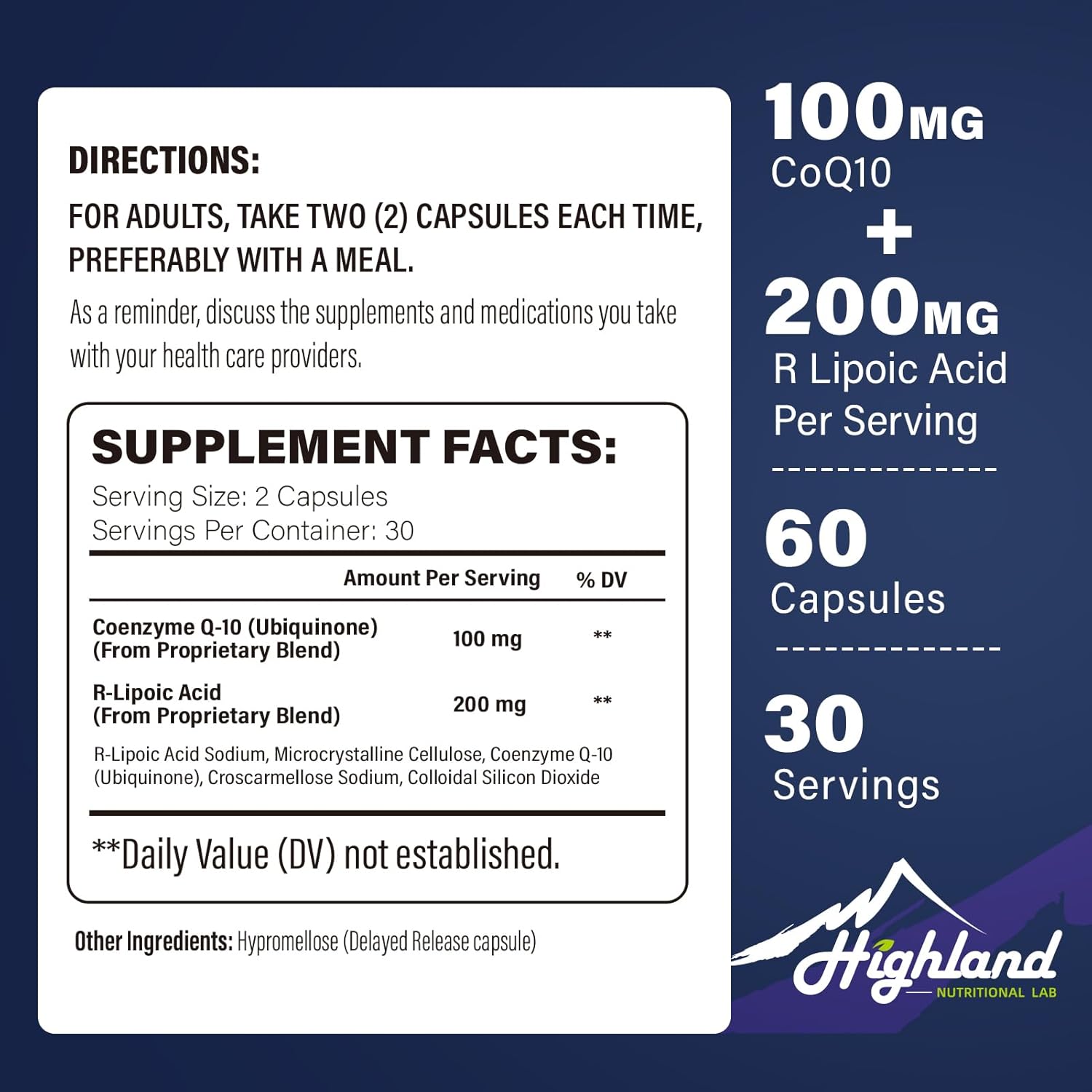 Heart and Brain Health Support: Highland Nutritional Lab CoQ10 100mg + R-Lipoic Acid (Na) 200mg - 60 Capsules, Enhanced Absorption Formula