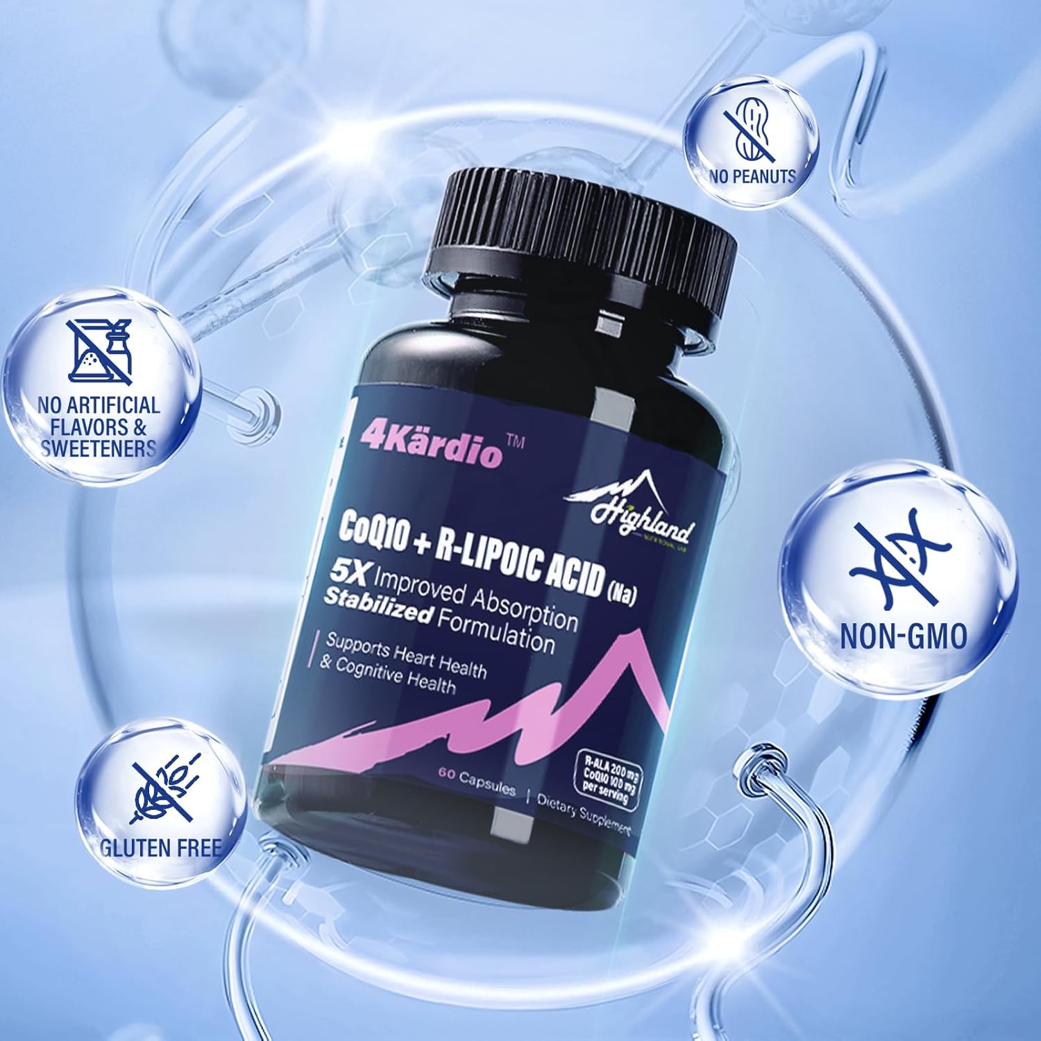 Heart and Brain Health Support: Highland Nutritional Lab CoQ10 100mg + R-Lipoic Acid (Na) 200mg - 60 Capsules, Enhanced Absorption Formula