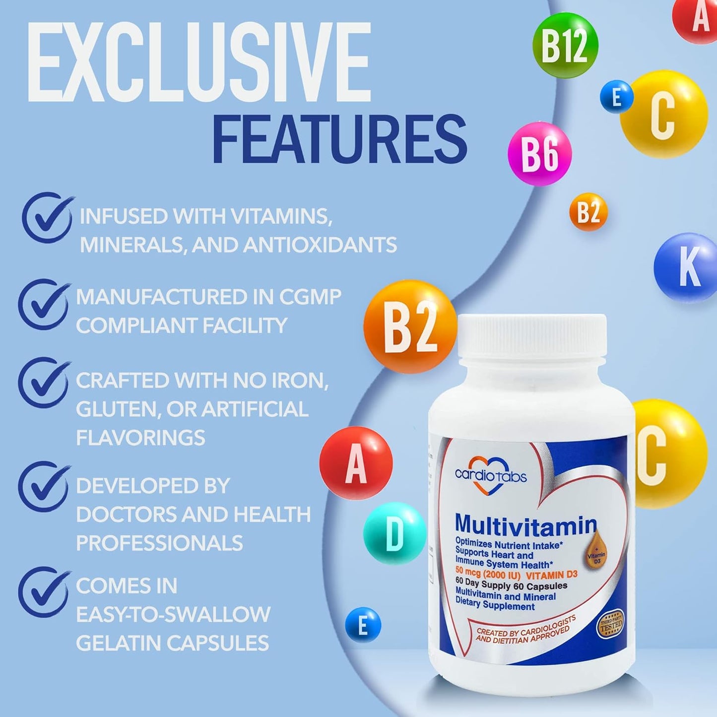 Heart and Immunity Multivitamin with B-Vitamins, Vitamins A, C, E, K, D3 - 60 Count Bottle for Men & Women