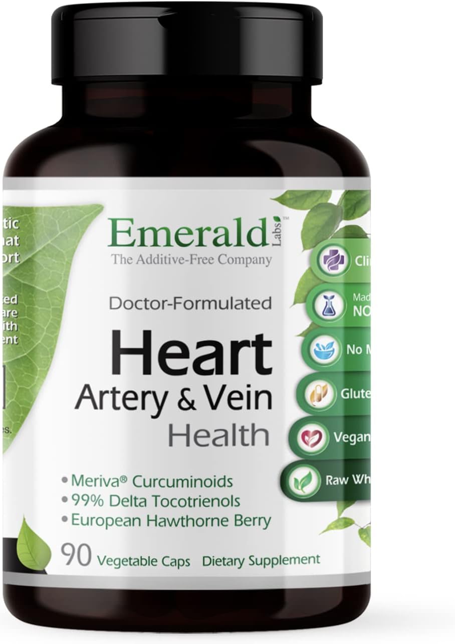 Heart, Artery, & Vein Health Supplement with Hawthorn Berry, Turmeric, and Vitamin K2 - Gluten-Free 90 Capsules