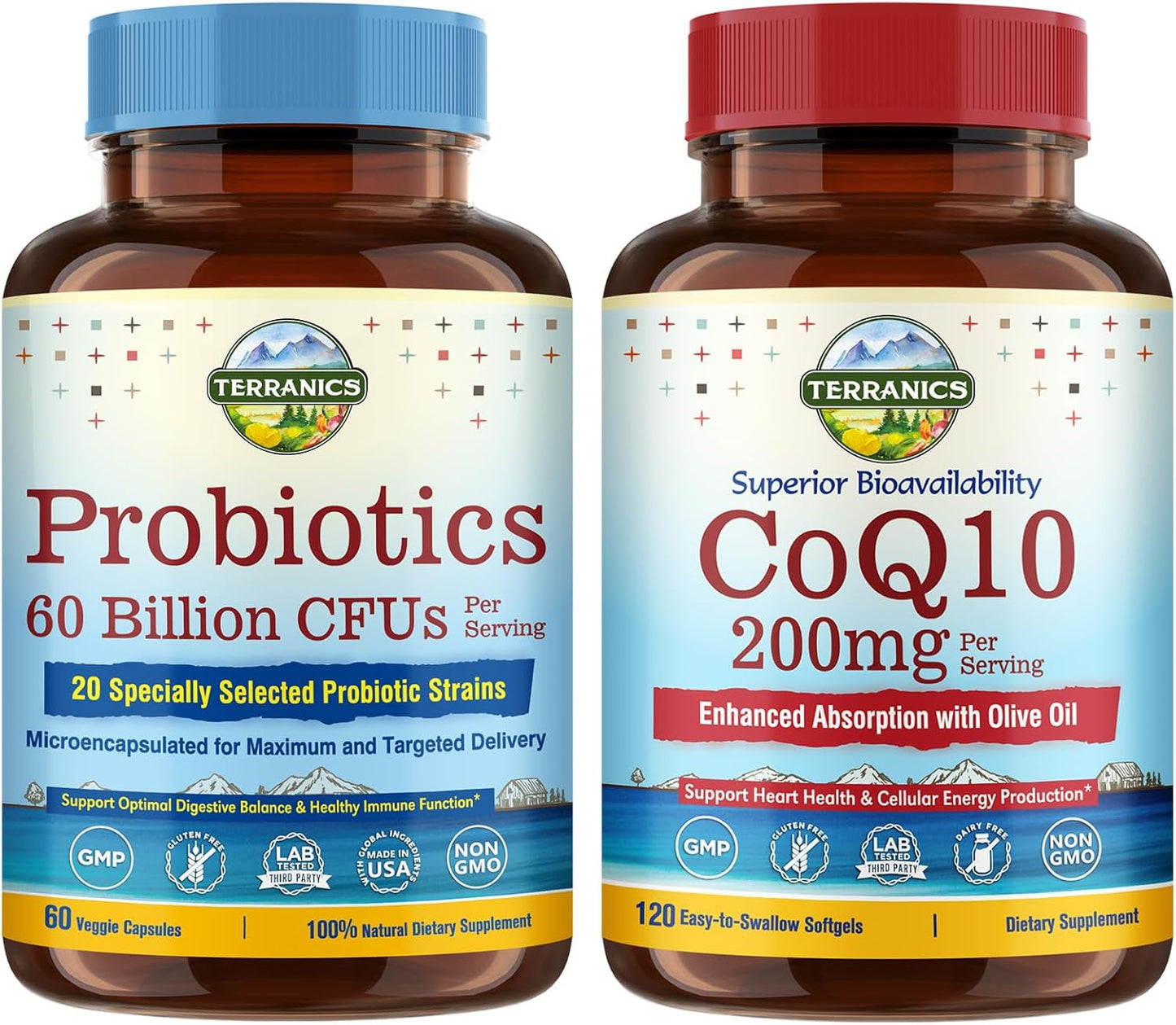 Heart & Digestion Support Bundle: Terranics Probiotics & CoQ10 - 60 Billion Probiotics, 200mg Coenzyme Q10, Extra Virgin Olive Oil - Bundle & Save