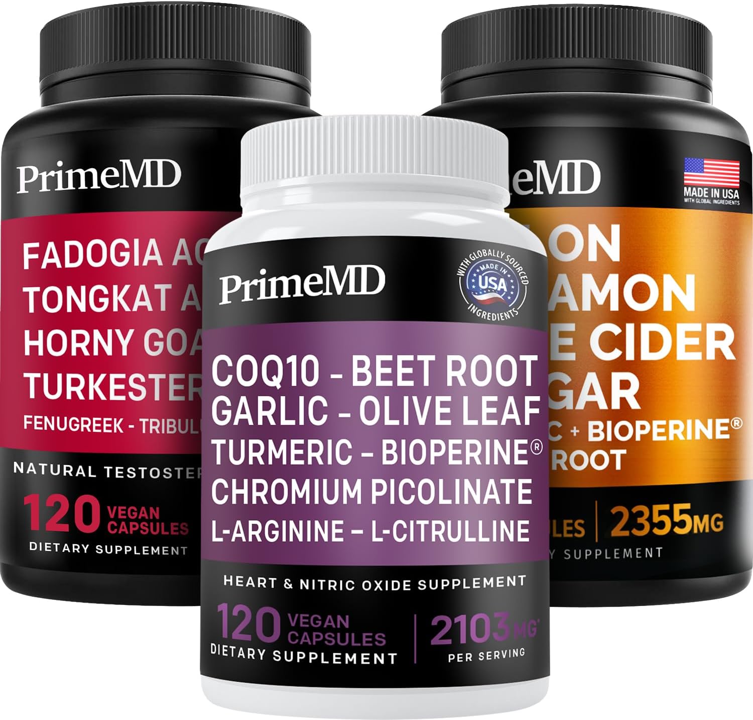 Heart, Energy, & Immune Support Bundle - PrimeMD Ceylon Cinnamon, Fadogia Tongkat Ali, and Nitric Oxide Supplements - Non-GMO & Vegan