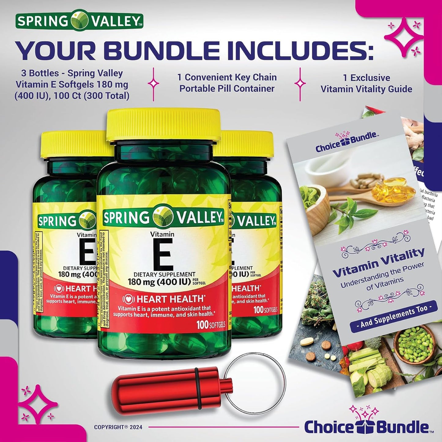 Heart Health Bundle: 3 Packs of Spring Valley Vitamin E Softgels (400 IU, 100 CT) + "Vitamin Vitality" Guide & Pill Container