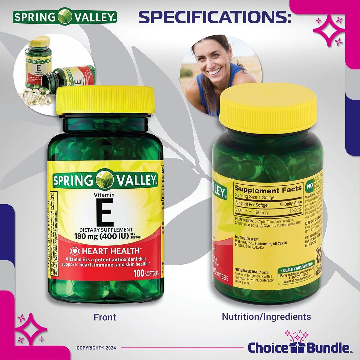 Heart Health Bundle: 3 Packs of Spring Valley Vitamin E Softgels (400 IU, 100 CT) + "Vitamin Vitality" Guide & Pill Container