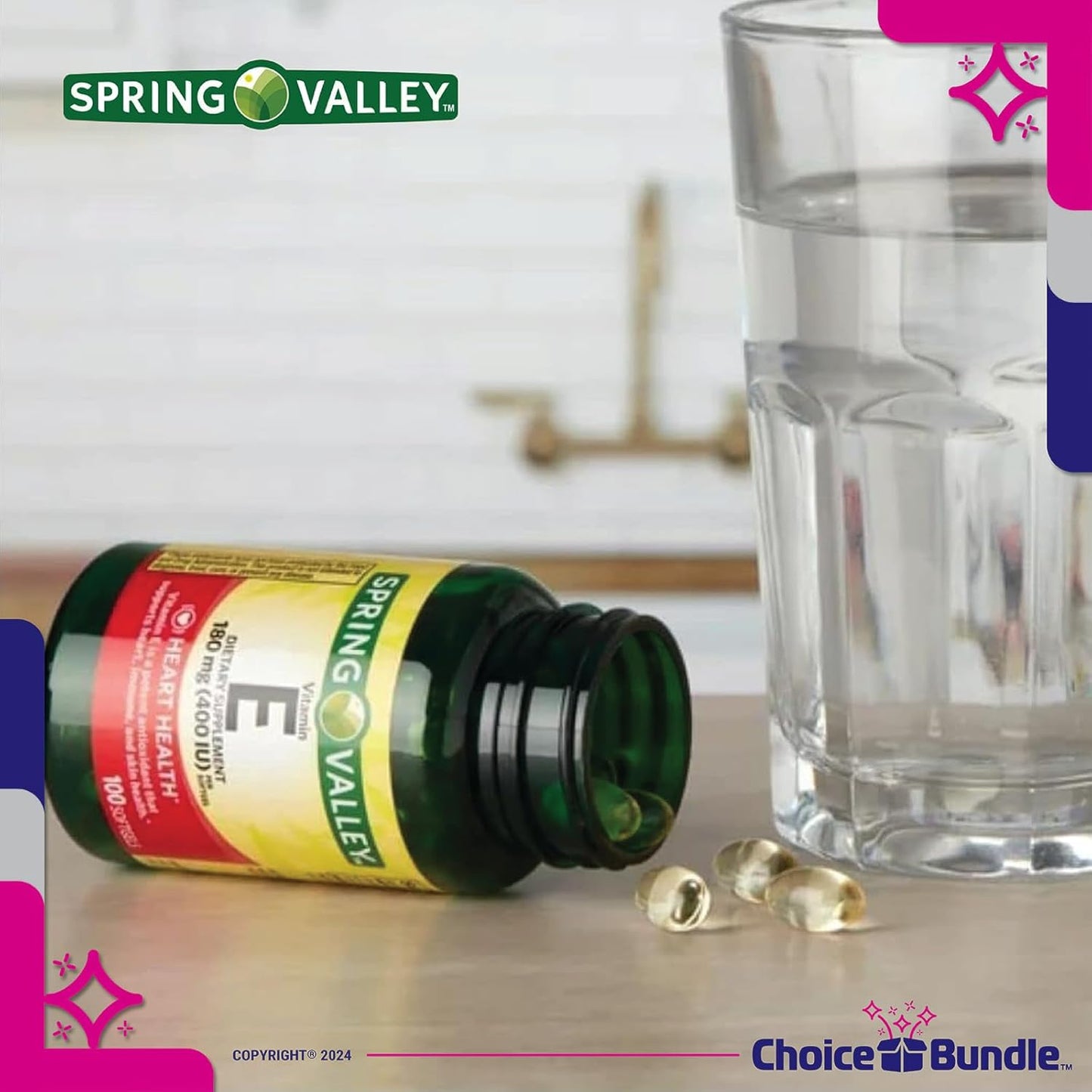 Heart Health Bundle: 3 Packs of Spring Valley Vitamin E Softgels (400 IU, 100 CT) + "Vitamin Vitality" Guide & Pill Container