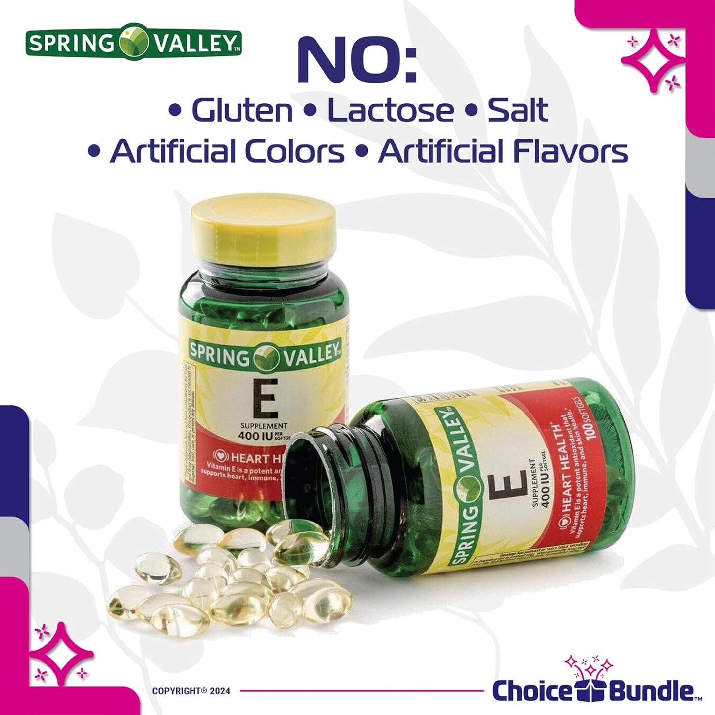 Heart Health Bundle: 3 Packs of Spring Valley Vitamin E Softgels (400 IU, 100 CT) + "Vitamin Vitality" Guide & Pill Container