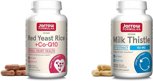 Heart Health Bundle: Jarrow Formulas Red Yeast Rice 1200mg & Co-Q10 100mg, Milk Thistle 150mg - 120 Veggie Caps, 60 Servings - Vegan Formula