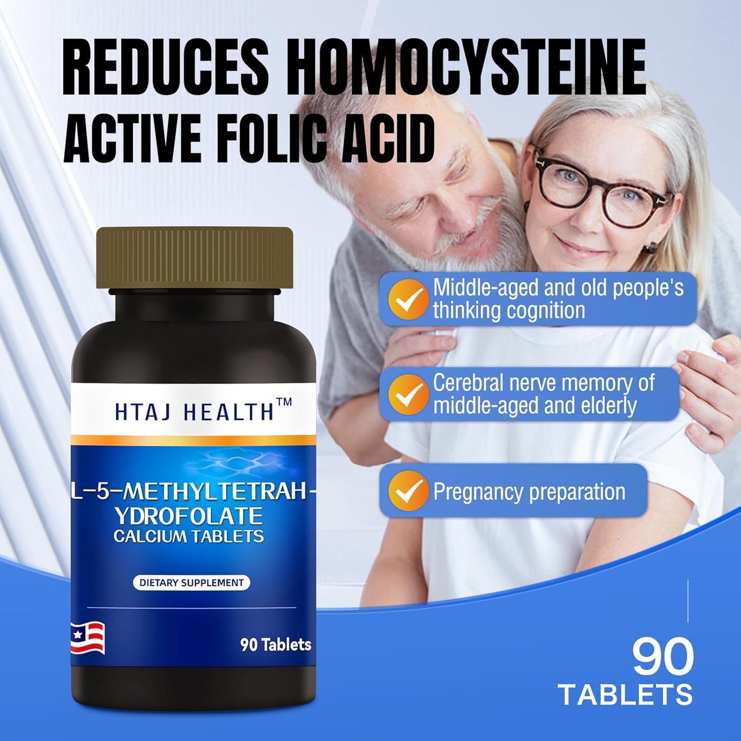 Heart Health & Energy Support: HTAJ HEALTH Active Folic Acid (Vitamin B9) - 90 Tablets, 3 Months Supply - Made in USA - Women's Dietary Supplement