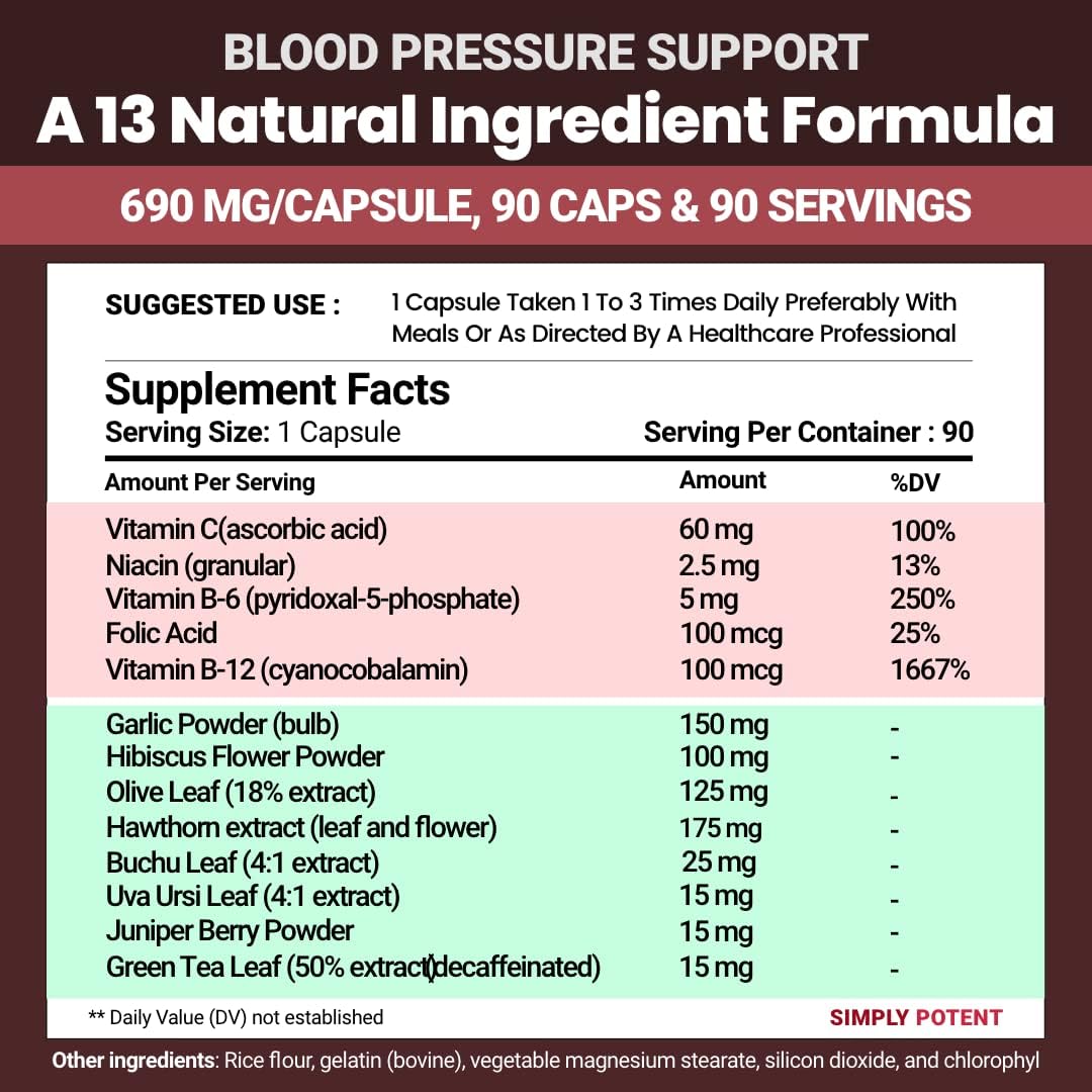 Heart Health Supplement with 13 Vitamins & Herbs for Balanced Blood Pressure - Folic Acid, Vitamins C B6 & B12 - 90 Capsules