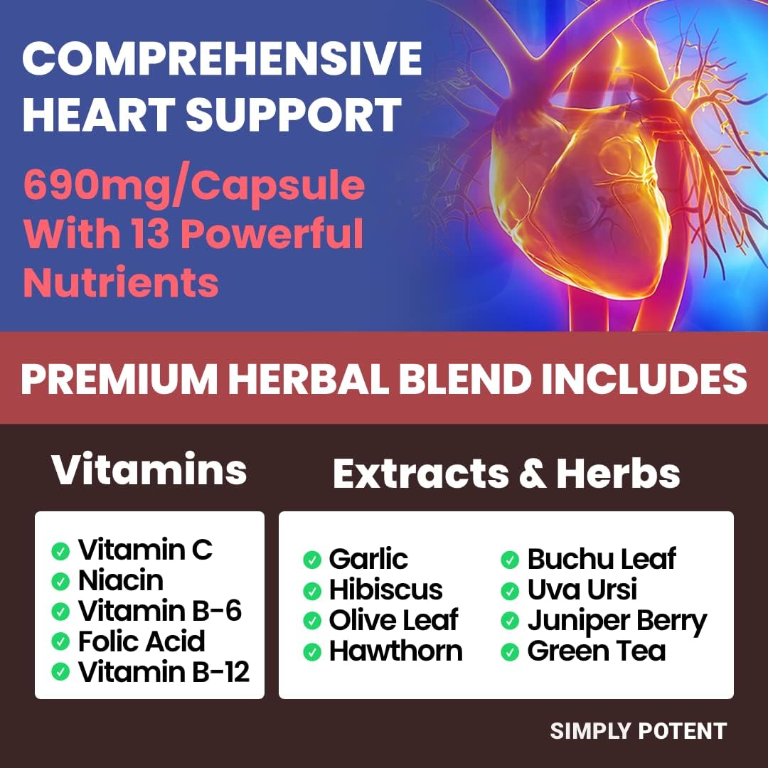 Heart Health Supplement with 13 Vitamins & Herbs for Balanced Blood Pressure - Folic Acid, Vitamins C B6 & B12 - 90 Capsules