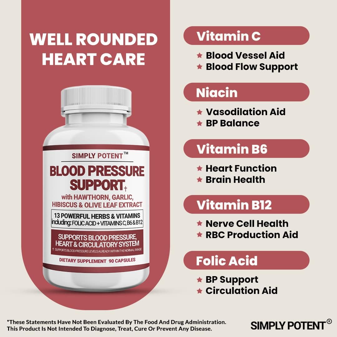 Heart Health Supplement with 13 Vitamins & Herbs for Balanced Blood Pressure - Folic Acid, Vitamins C B6 & B12 - 90 Capsules