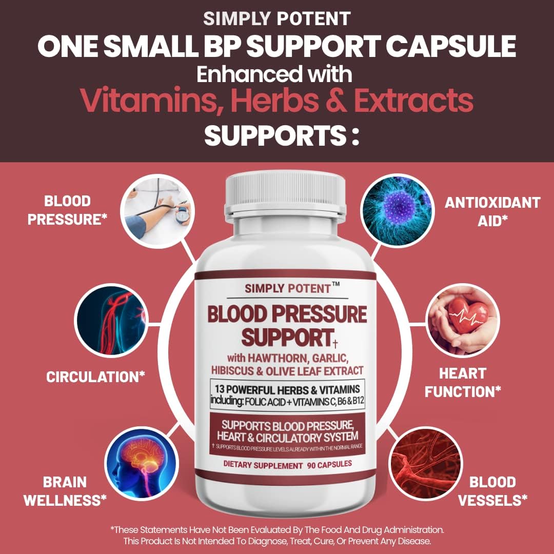 Heart Health Supplement with 13 Vitamins & Herbs for Balanced Blood Pressure - Folic Acid, Vitamins C B6 & B12 - 90 Capsules