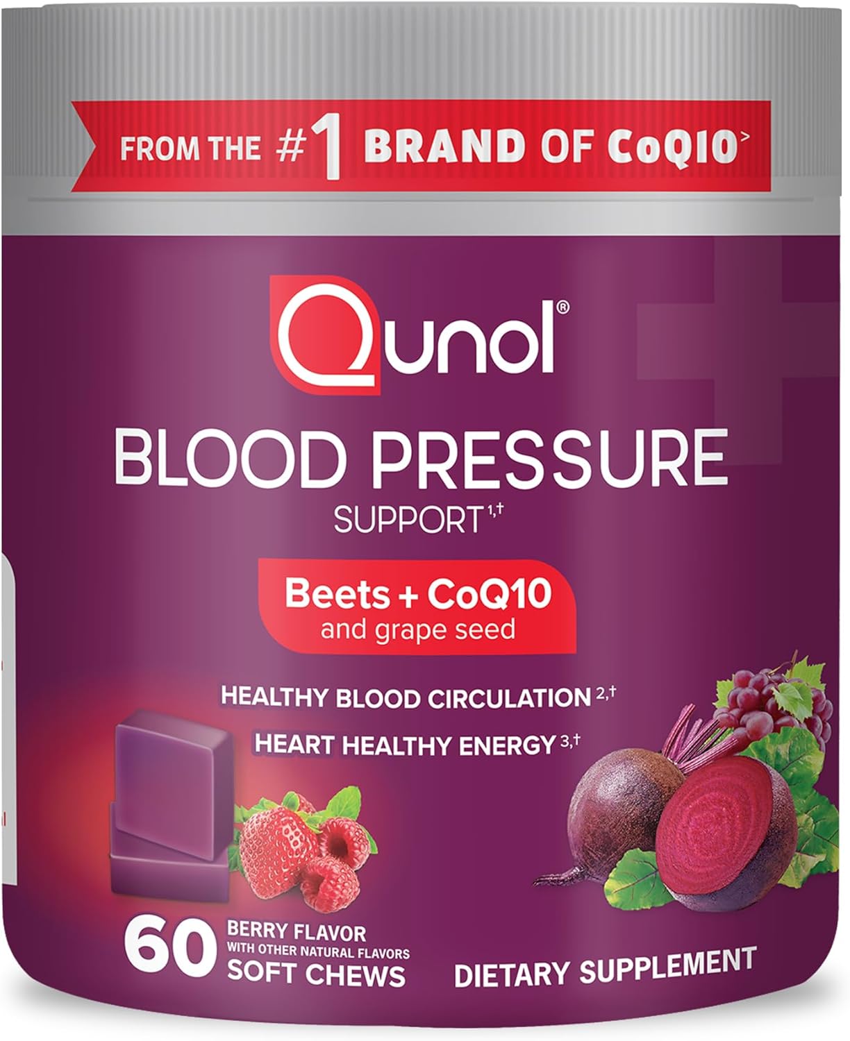 Heart Health Support: Qunol Beets Chews with CoQ10 & Grape Seed Extract - 60 Chews