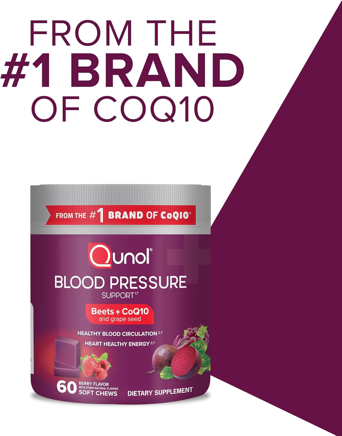 Heart Health Support: Qunol Beets Chews with CoQ10 & Grape Seed Extract - 60 Chews