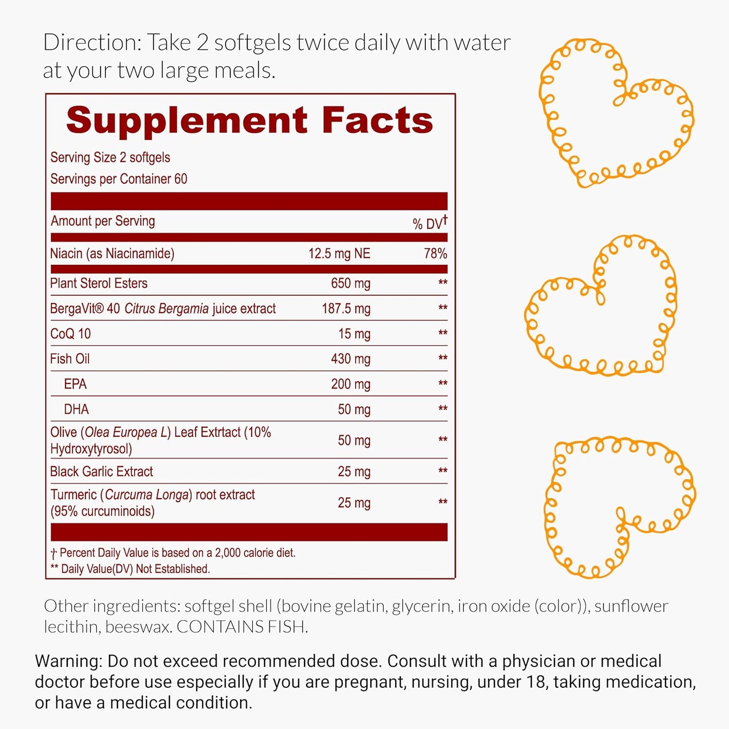 Heart Health Support Supplement with Citrus Bergamot, Plant Sterols, CoQ10, Omega 3, Turmeric, Black Garlic - 120 Softgels
