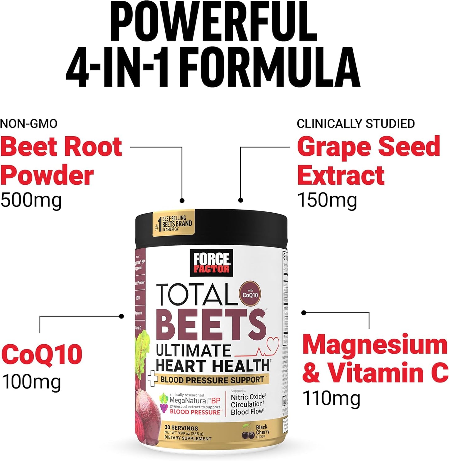 Heart Health Support Supplement with CoQ10, Beet Root Powder, Grape Seed Extract, Black Cherry - 30 Servings