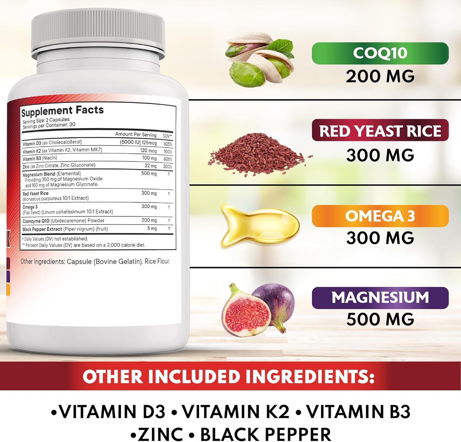 Heart Health Support Vitamins with CoQ10, Red Yeast Rice, Omega 3, Magnesium, Zinc, Vitamin K2, D3, B3 - 60 Count