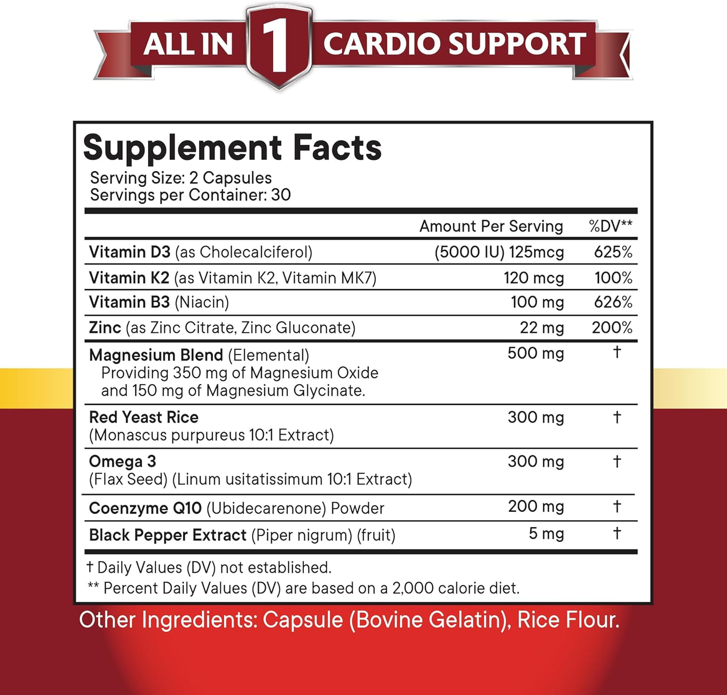 Heart Health Support Vitamins with CoQ10, Red Yeast Rice, Omega 3, Magnesium, Zinc, Vitamin K2, D3, B3 - 60 Count