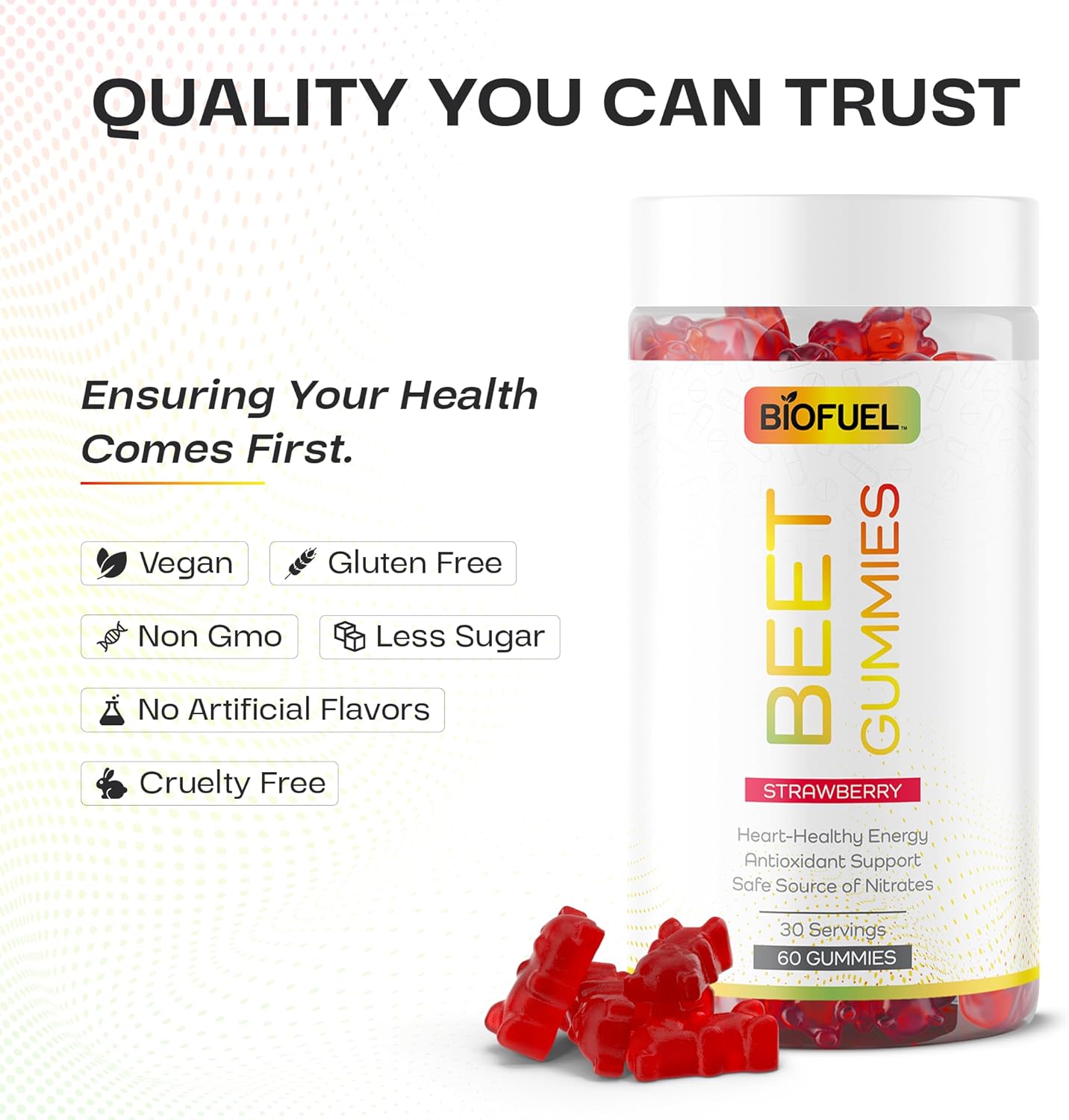 Heart Healthy Biofuel Beet Gummies - Natural Energy & Antioxidant Boost, Nitrate-Rich Formula, 60 Count, 2 Gummies/serv.