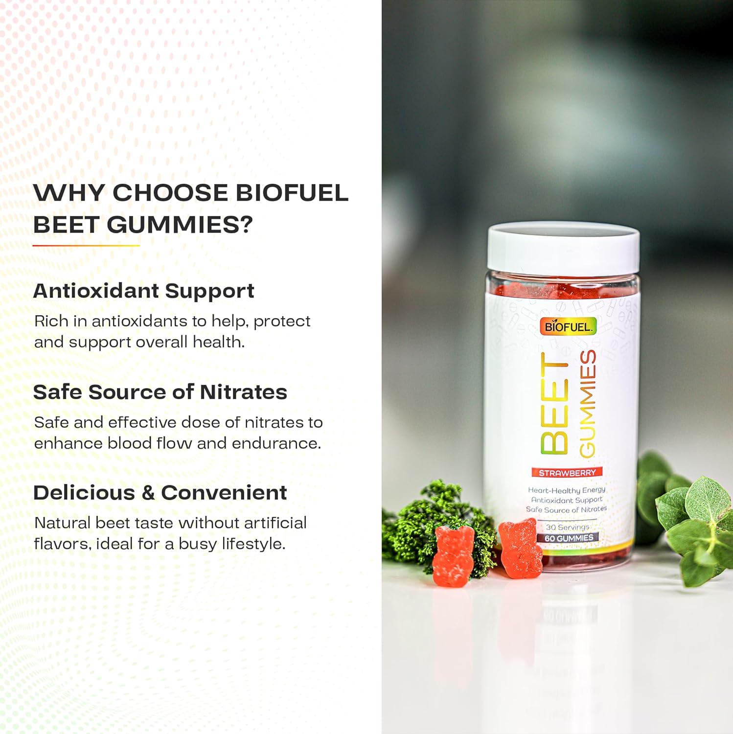 Heart Healthy Biofuel Beet Gummies - Natural Energy & Antioxidant Boost, Nitrate-Rich Formula, 60 Count, 2 Gummies/serv.