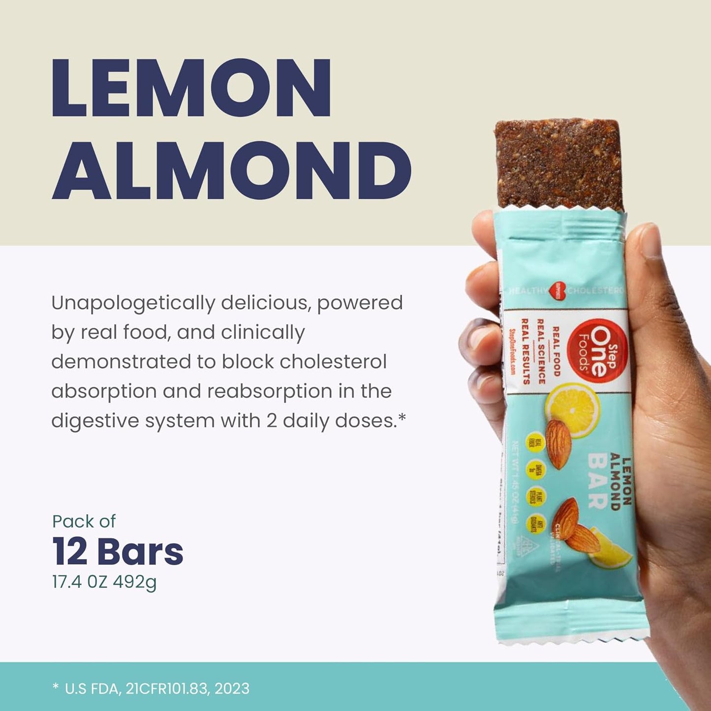Heart Healthy Lemon Almond Granola Bars with Plant Sterols, Omega 3's, and High Fiber - Gluten & Dairy Free, Vegan, Zero Sodium (12 Pack)