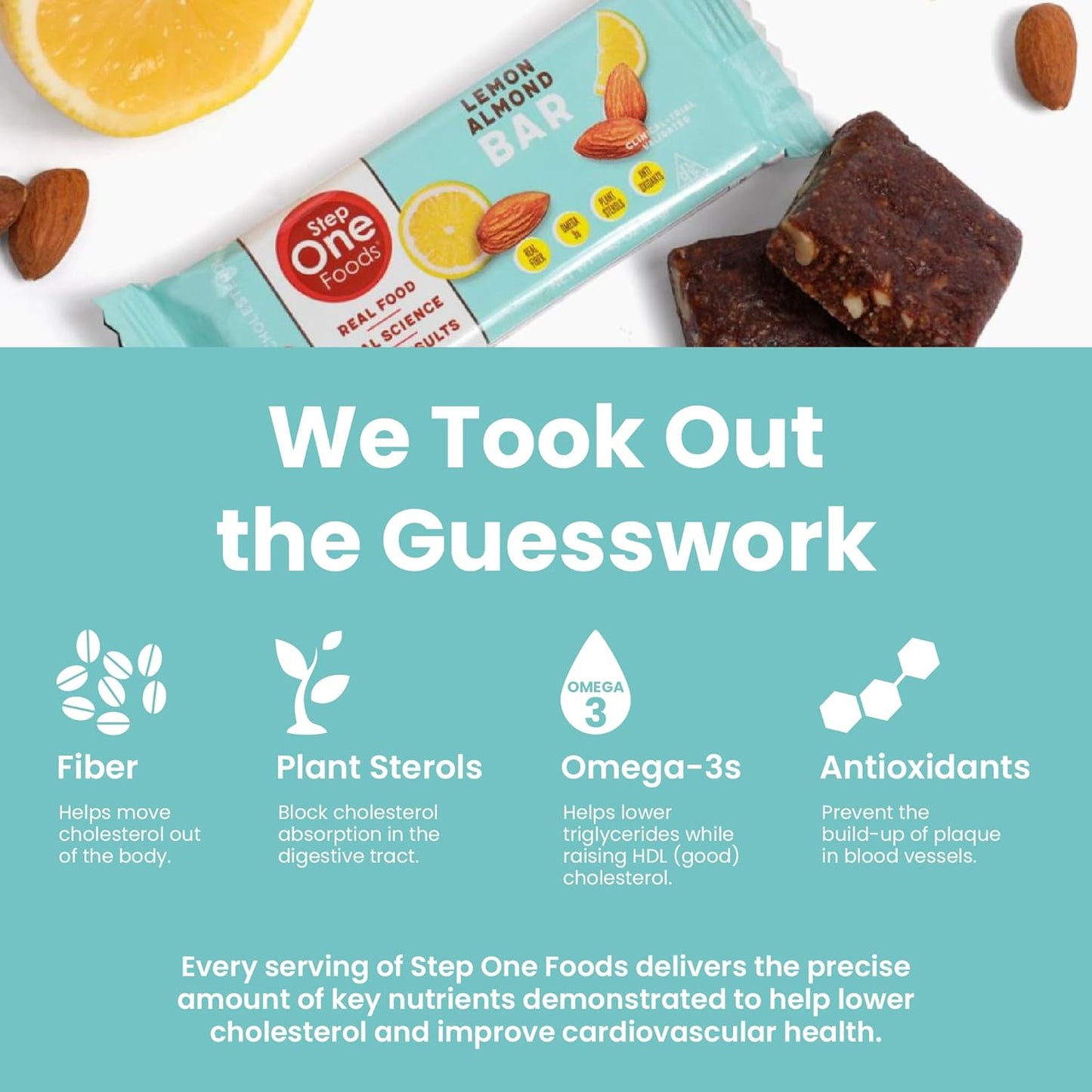 Heart Healthy Lemon Almond Granola Bars with Plant Sterols, Omega 3's, and High Fiber - Gluten & Dairy Free, Vegan, Zero Sodium (12 Pack)