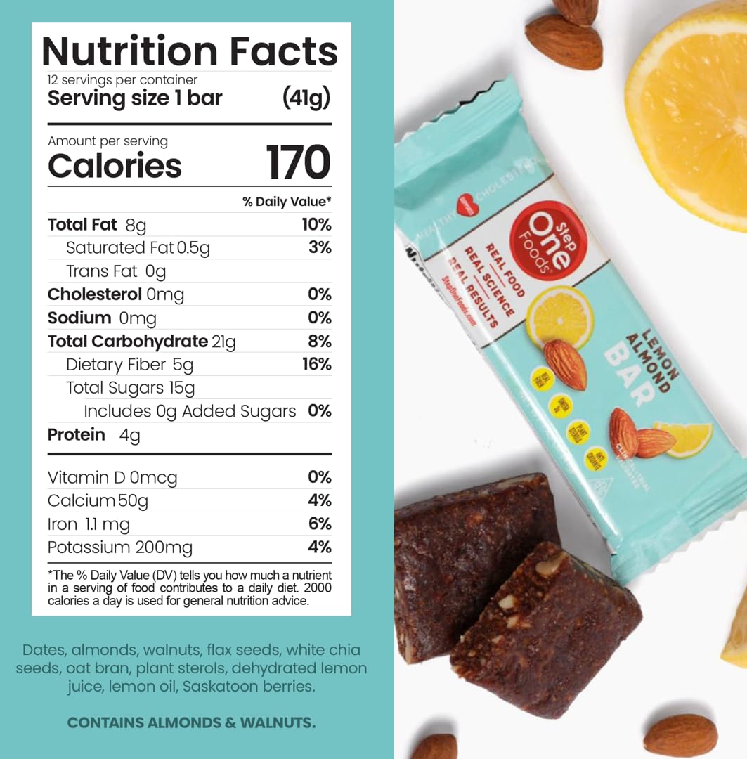 Heart Healthy Lemon Almond Granola Bars with Plant Sterols, Omega 3's, and High Fiber - Gluten & Dairy Free, Vegan, Zero Sodium (12 Pack)