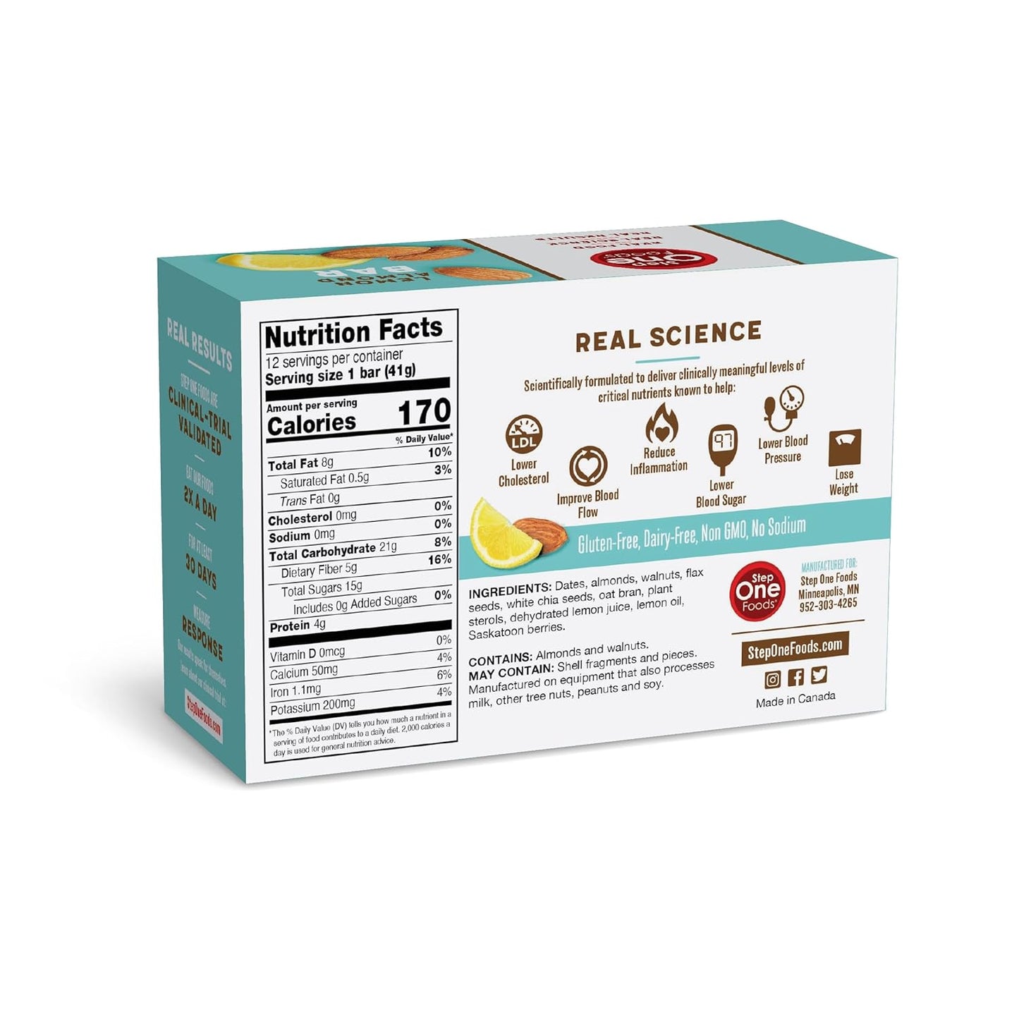 Heart Healthy Lemon Almond Granola Bars with Plant Sterols, Omega 3's, and High Fiber - Gluten & Dairy Free, Vegan, Zero Sodium (12 Pack)