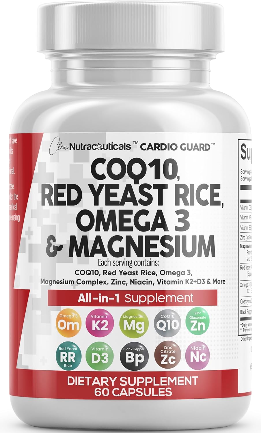 Heart Support Vitamins with COQ10, Red Yeast Rice, Omega 3, Magnesium, Niacin, Zinc, Vitamin K2, D3 - 60 Ct - Nutraceuticals for Men & Women