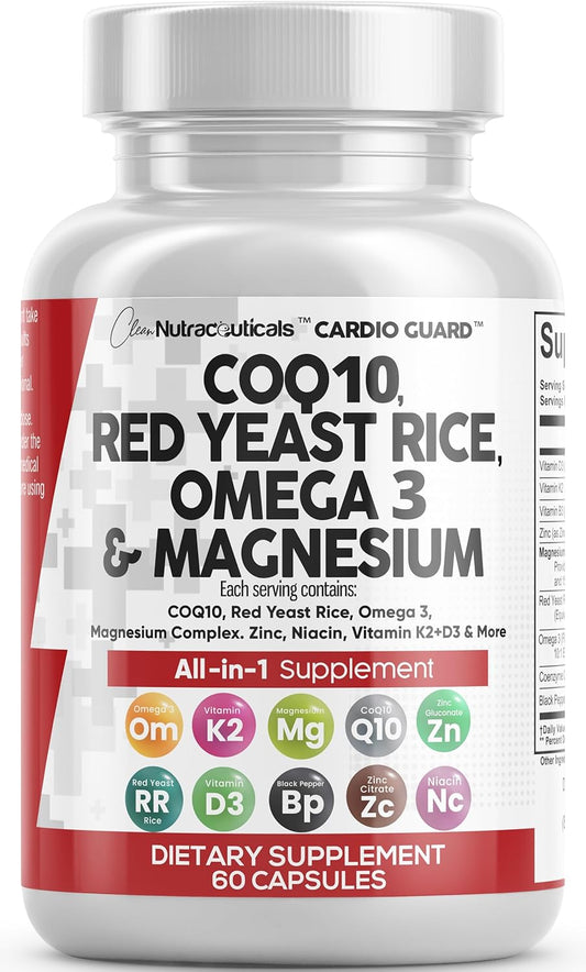 Heart Support Vitamins with COQ10, Red Yeast Rice, Omega 3, Magnesium, Niacin, Zinc, Vitamin K2, D3 - 60 Ct - Nutraceuticals for Men & Women