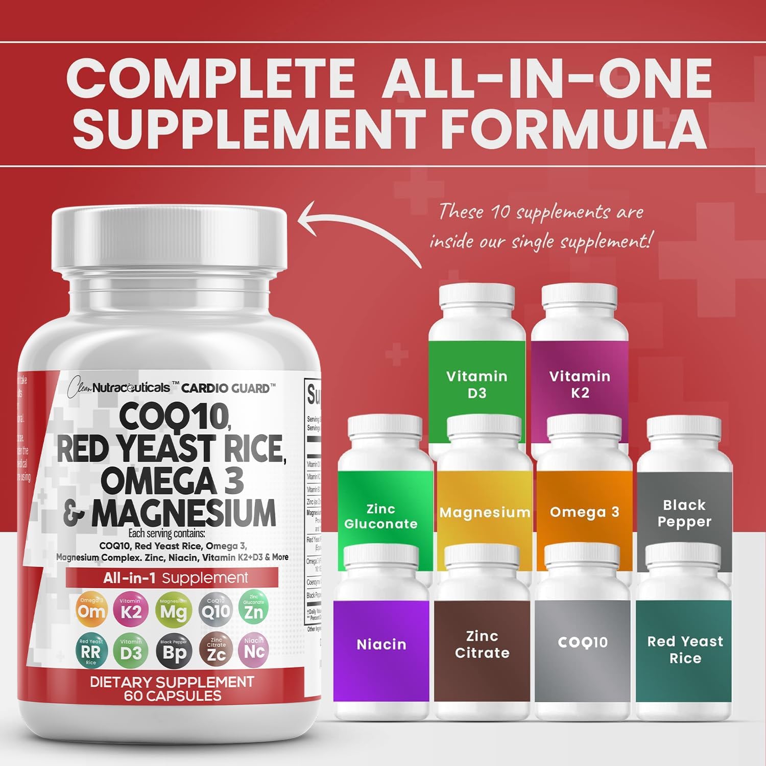 Heart Support Vitamins with COQ10, Red Yeast Rice, Omega 3, Magnesium, Niacin, Zinc, Vitamin K2, D3 - 60 Ct - Nutraceuticals for Men & Women