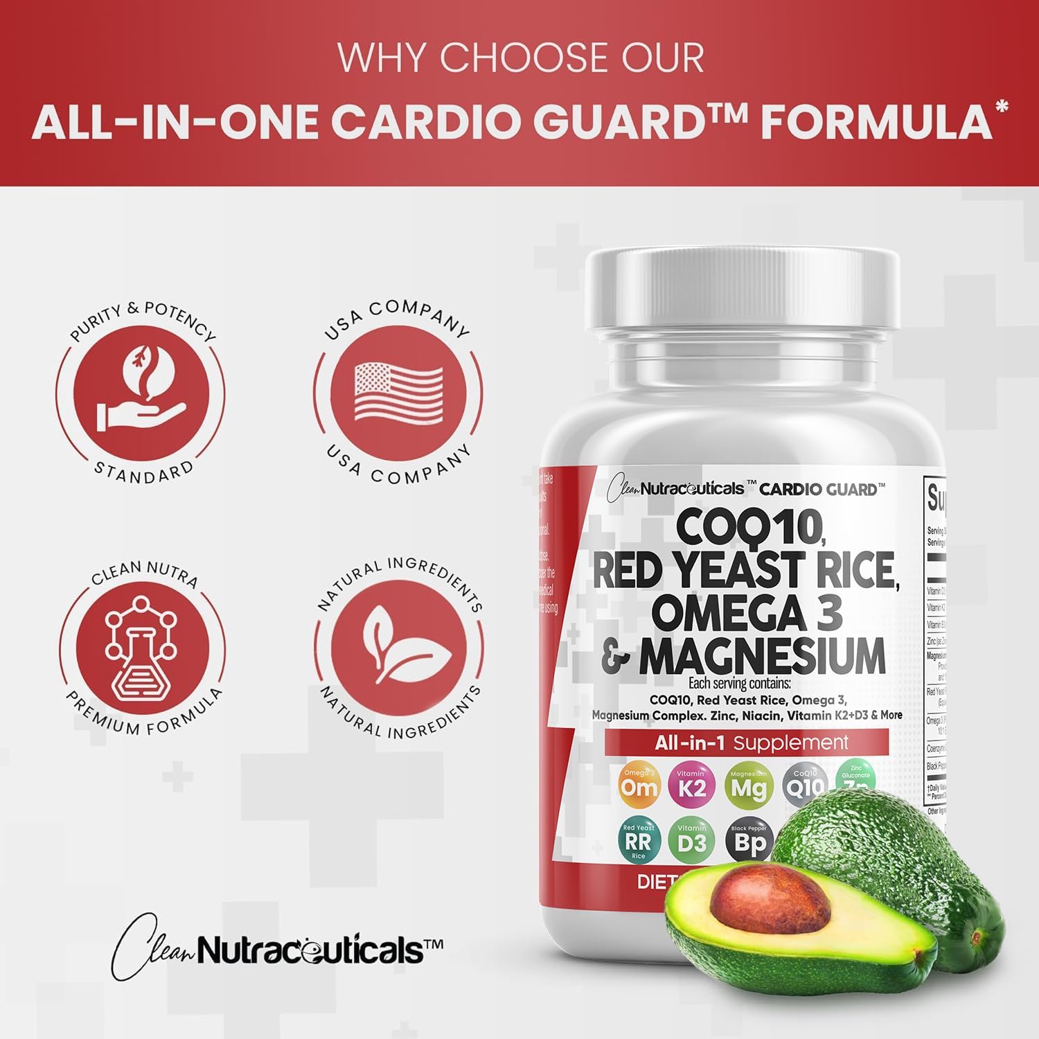 Heart Support Vitamins with COQ10, Red Yeast Rice, Omega 3, Magnesium, Niacin, Zinc, Vitamin K2, D3 - 60 Ct - Nutraceuticals for Men & Women