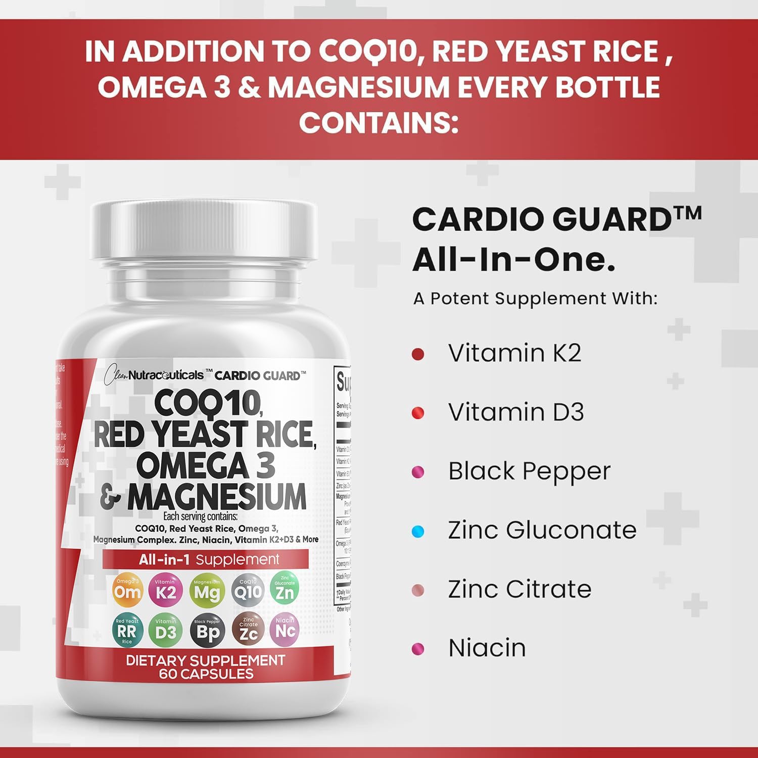 Heart Support Vitamins with COQ10, Red Yeast Rice, Omega 3, Magnesium, Niacin, Zinc, Vitamin K2, D3 - 60 Ct - Nutraceuticals for Men & Women