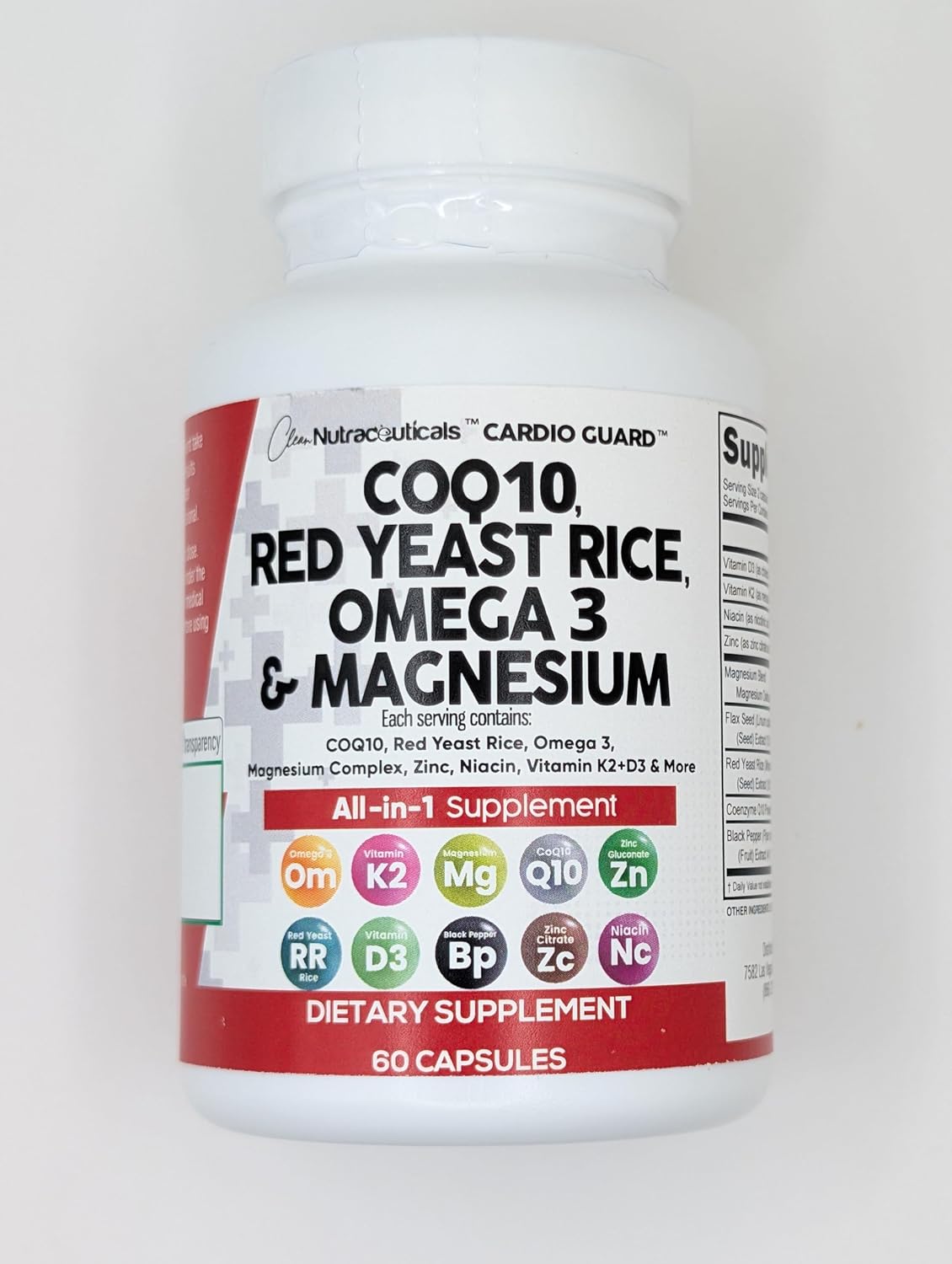 Heart Support Vitamins with COQ10, Red Yeast Rice, Omega 3, Magnesium, Niacin, Zinc, Vitamin K2, D3 - 60 Ct - Nutraceuticals for Men & Women