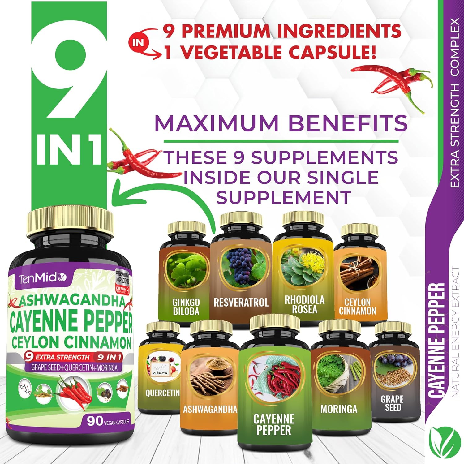 Heart Wellness & Digestive Health Supplements with Cayenne Pepper, Ashwagandha, Ceylon Cinnamon - 90 Capsules - 3 Months Supply