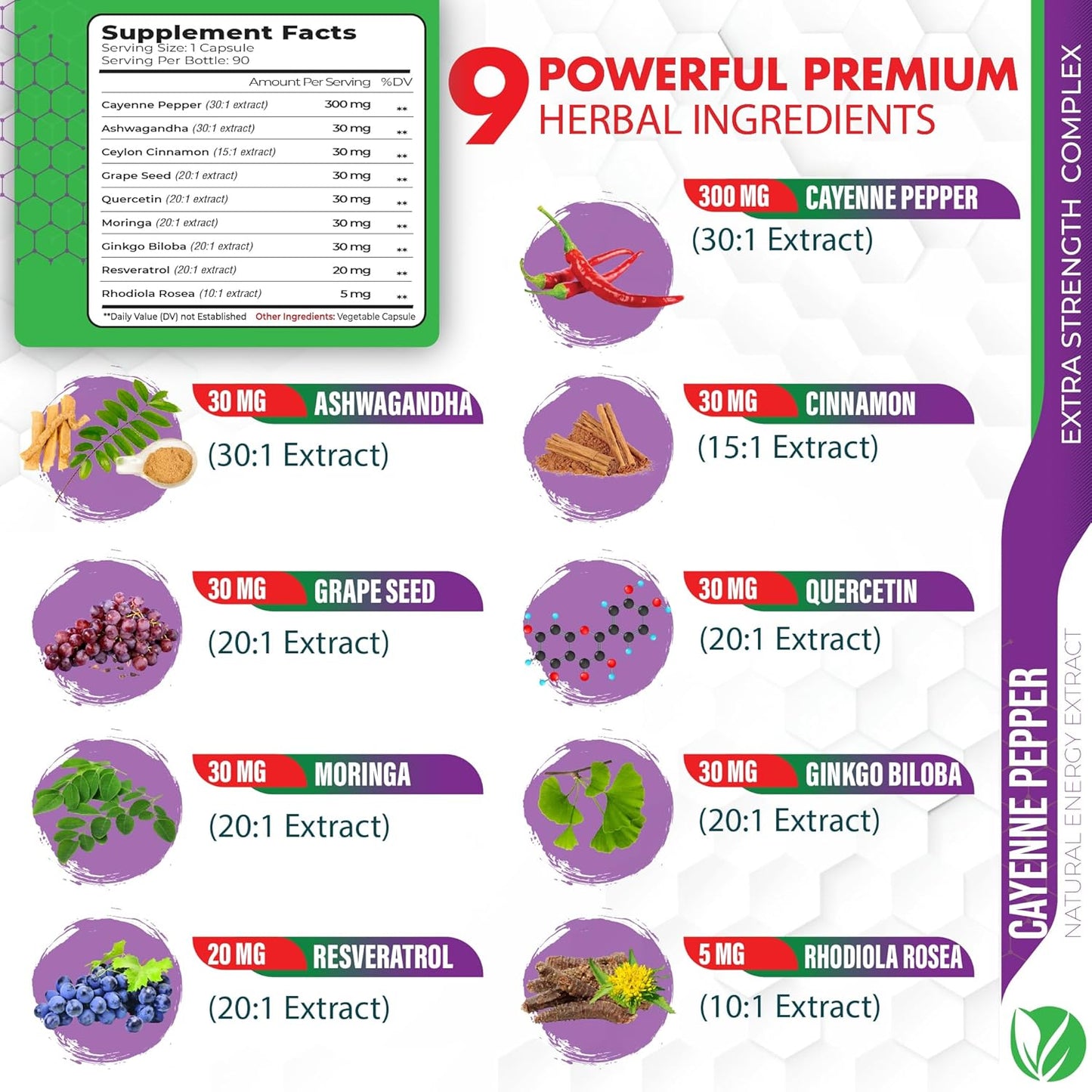 Heart Wellness & Digestive Health Supplements with Cayenne Pepper, Ashwagandha, Ceylon Cinnamon - 90 Capsules - 3 Months Supply