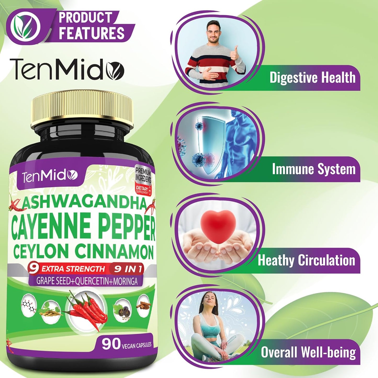 Heart Wellness & Digestive Health Supplements with Cayenne Pepper, Ashwagandha, Ceylon Cinnamon - 90 Capsules - 3 Months Supply