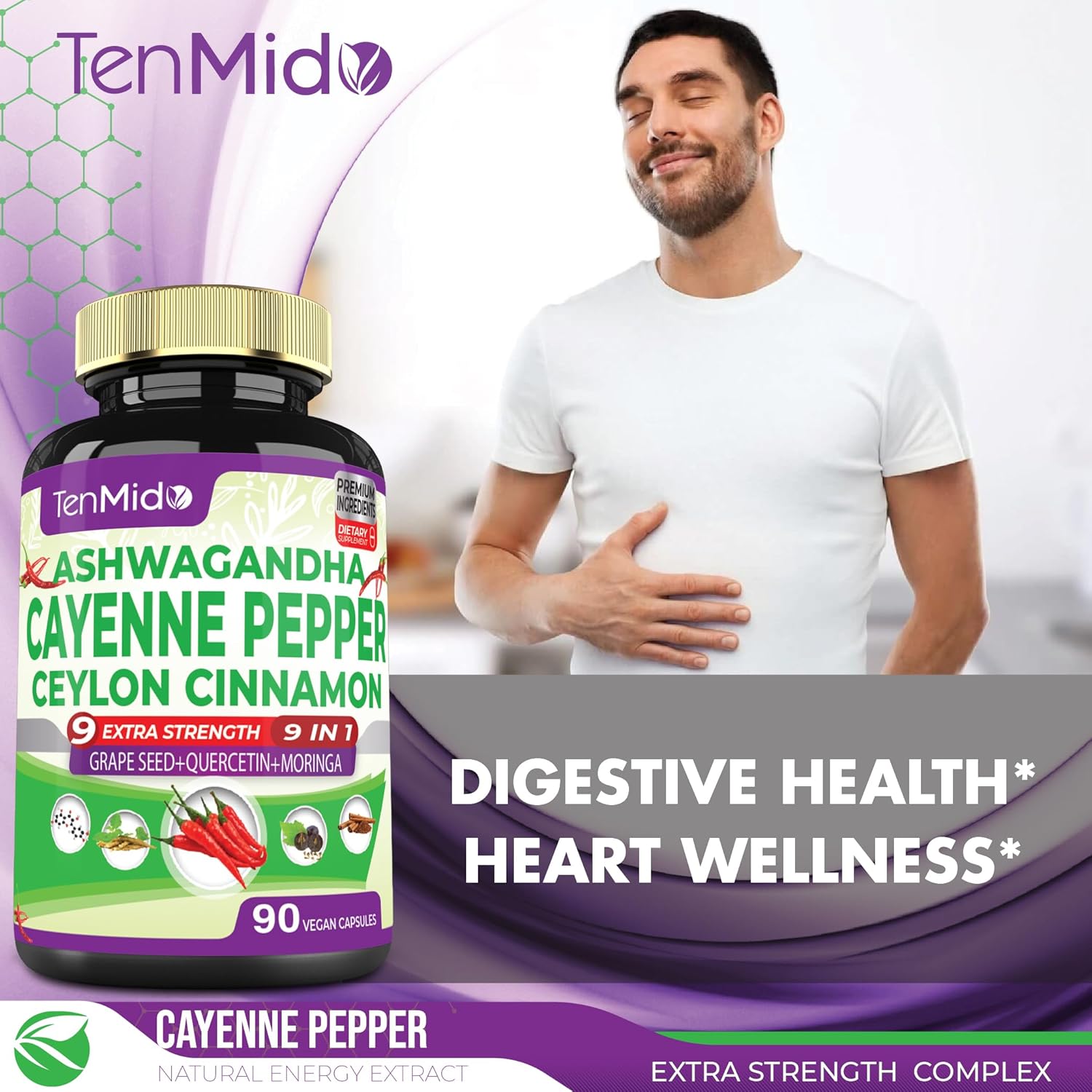 Heart Wellness & Digestive Health Supplements with Cayenne Pepper, Ashwagandha, Ceylon Cinnamon - 90 Capsules - 3 Months Supply