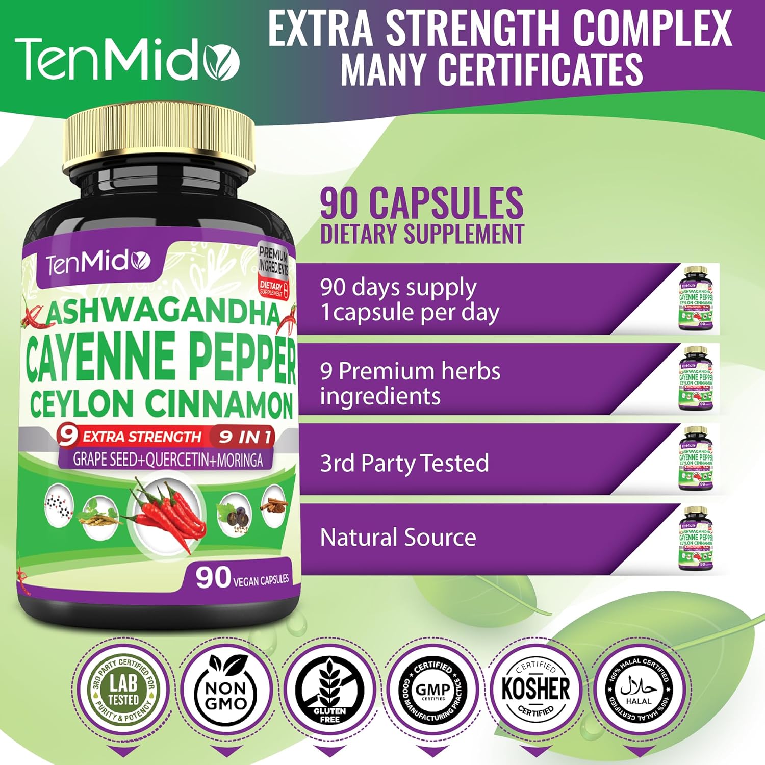 Heart Wellness & Digestive Health Supplements with Cayenne Pepper, Ashwagandha, Ceylon Cinnamon - 90 Capsules - 3 Months Supply
