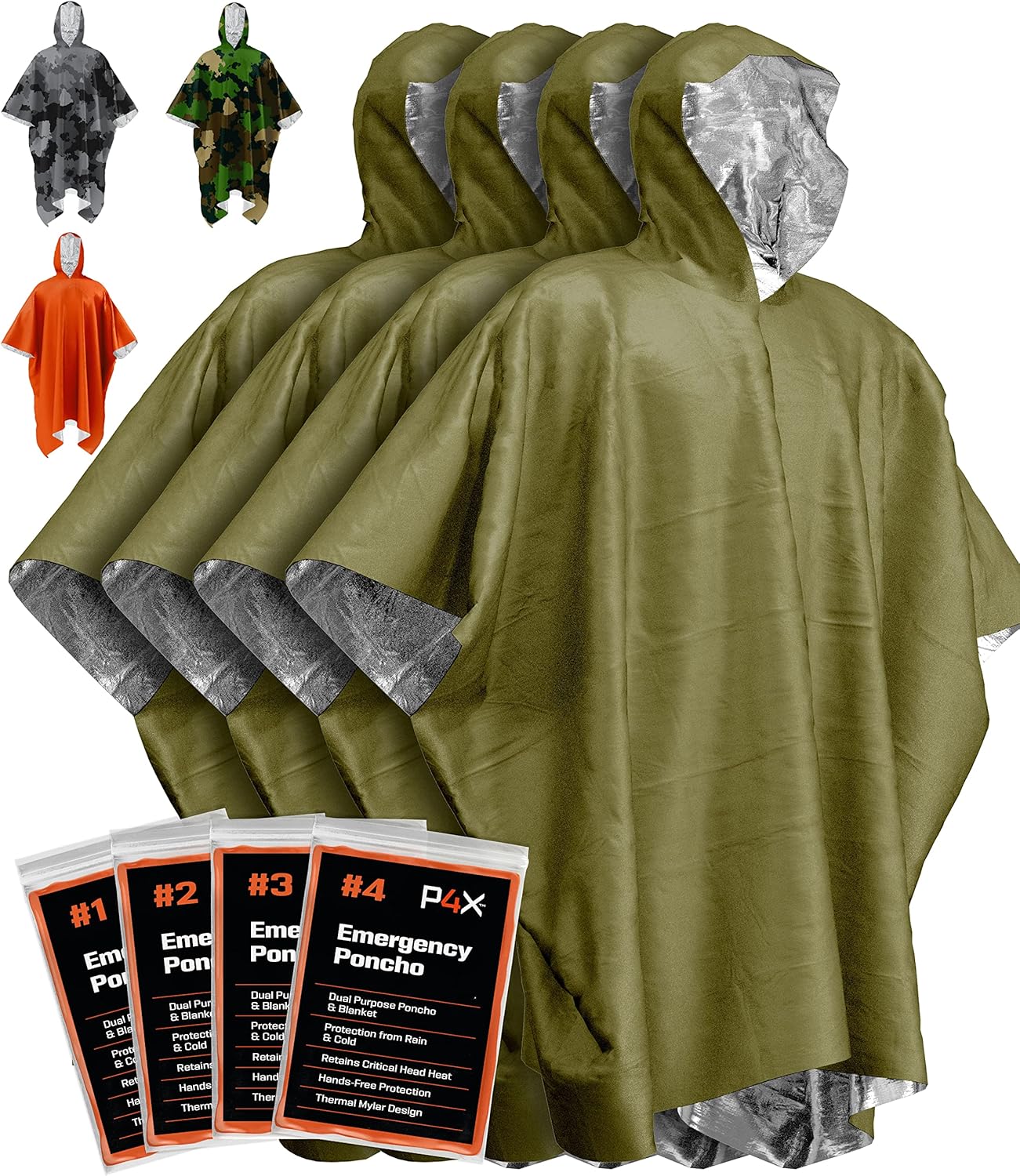 Heavy Duty Green Emergency Poncho with Mylar Blanket Liner - Waterproof and Wind-Resistant Thermal Poncho for Outdoors, Camping, and Car Emergency Kits