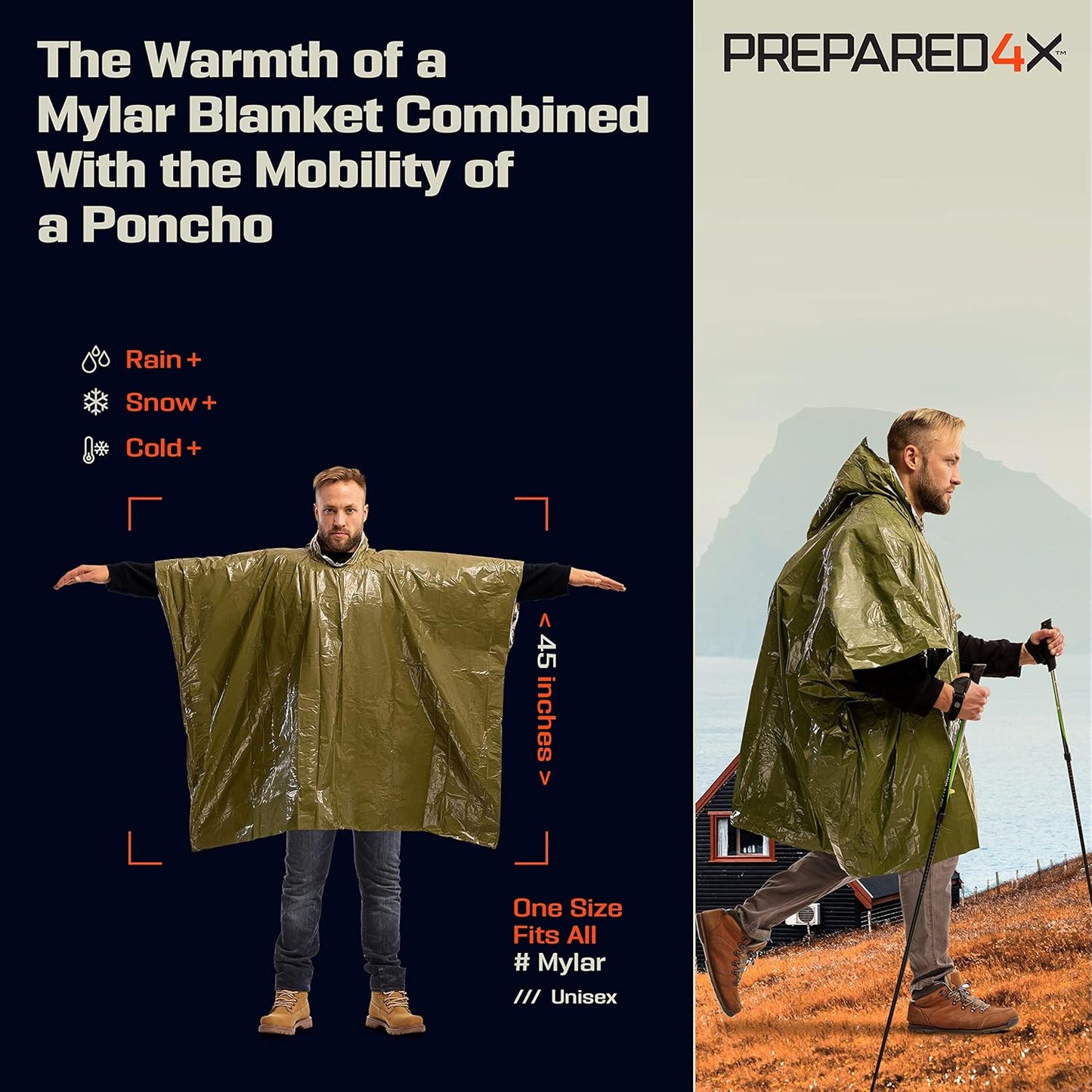 Heavy Duty Green Emergency Poncho with Mylar Blanket Liner - Waterproof and Wind-Resistant Thermal Poncho for Outdoors, Camping, and Car Emergency Kits