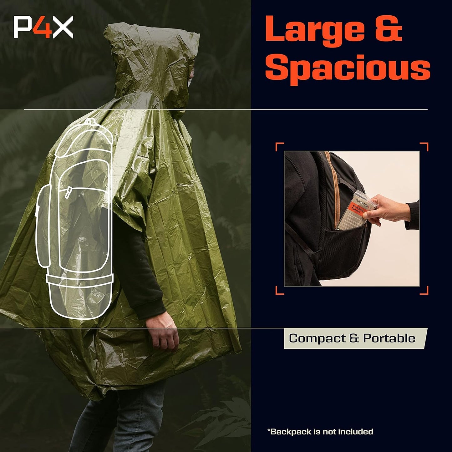 Heavy Duty Green Emergency Poncho with Mylar Blanket Liner - Waterproof and Wind-Resistant Thermal Poncho for Outdoors, Camping, and Car Emergency Kits