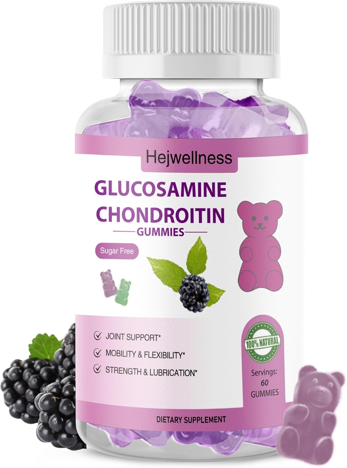 HejWellness Elderberry Glucosamine Chondroitin Gummies with MSM & Vitamin E - Joint Health Supplement for Flexibility & Comfort - Raspberry Flavor - 60 Gummies