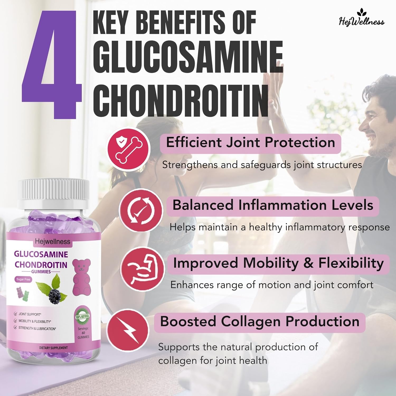 HejWellness Elderberry Glucosamine Chondroitin Gummies with MSM & Vitamin E - Joint Health Supplement for Flexibility & Comfort - Raspberry Flavor - 60 Gummies