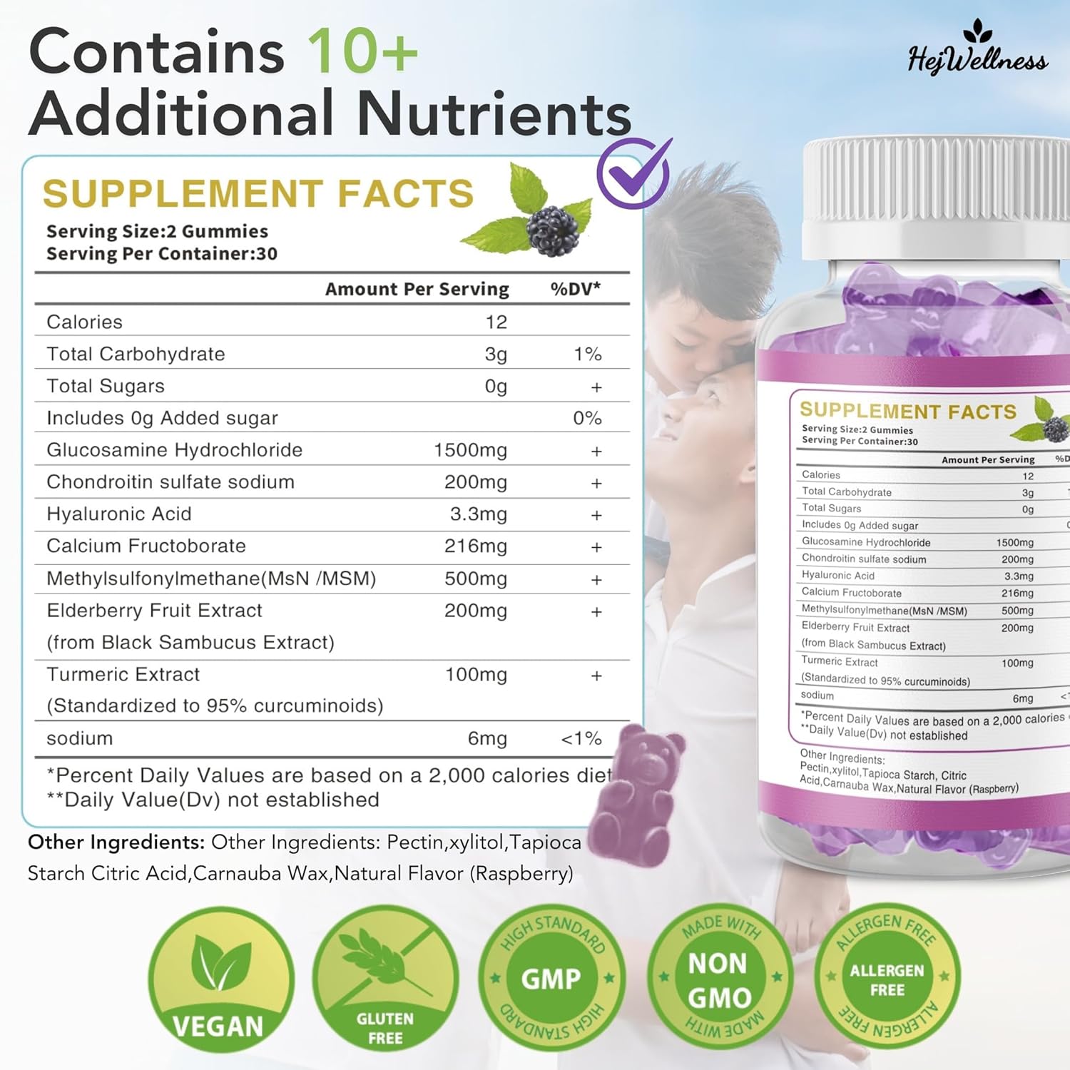 HejWellness Elderberry Glucosamine Chondroitin Gummies with MSM & Vitamin E - Joint Health Supplement for Flexibility & Comfort - Raspberry Flavor - 60 Gummies