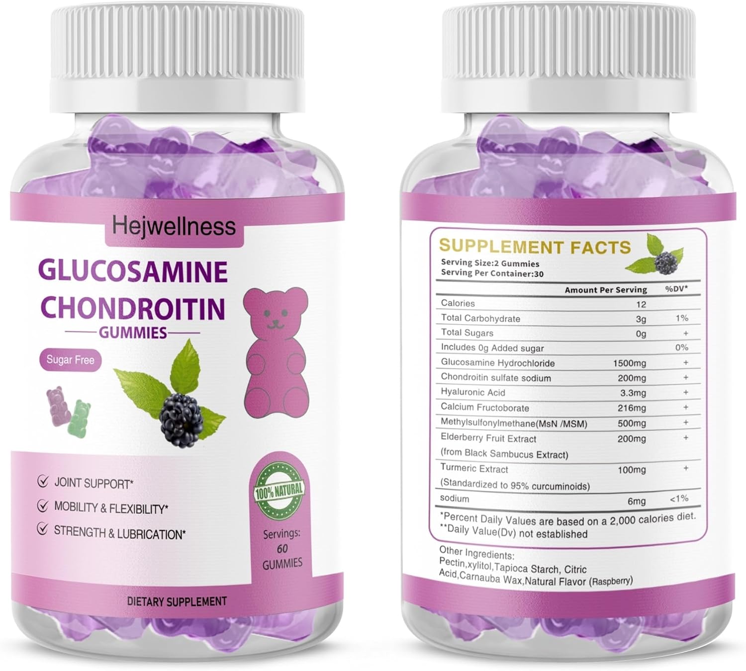 HejWellness Elderberry Glucosamine Chondroitin Gummies with MSM & Vitamin E - Joint Health Supplement for Flexibility & Comfort - Raspberry Flavor - 60 Gummies