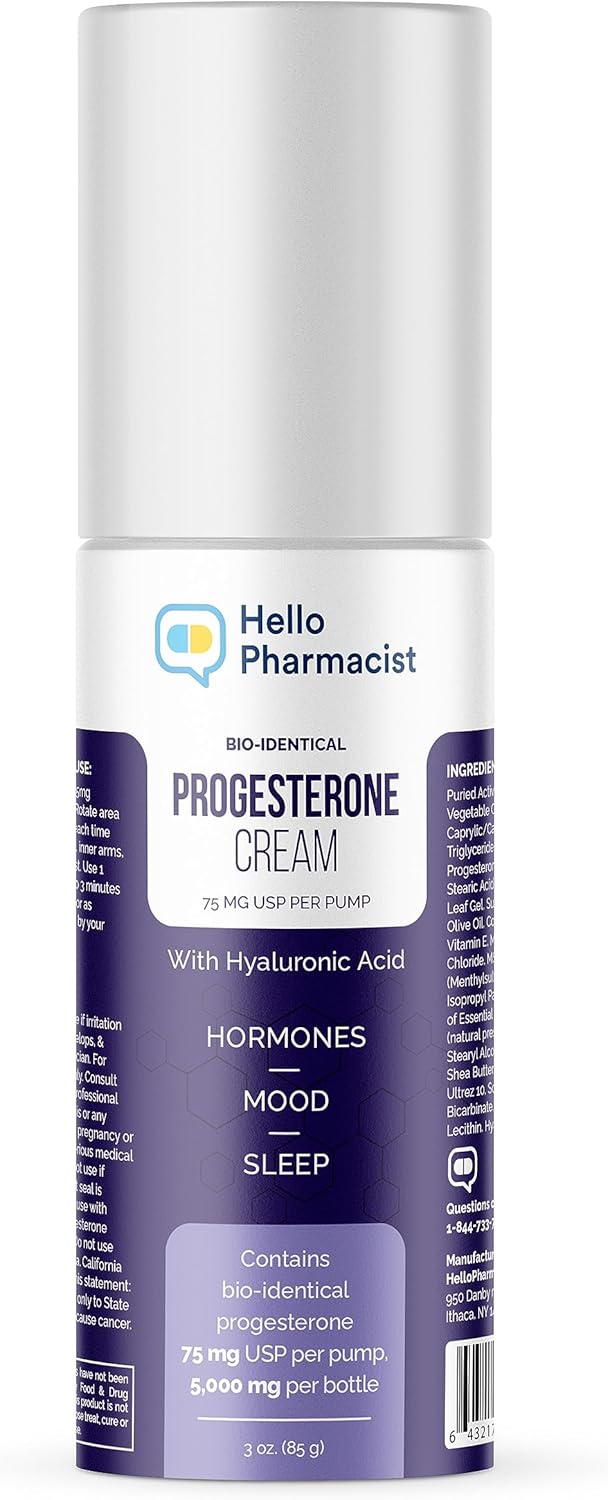 HelloPharmacist Bio-Identical Progesterone Cream - Maximum Strength 5,000mg with Hyaluronic Acid and Moisturizers - 75mg USP Per Pump - Fragrance-Free