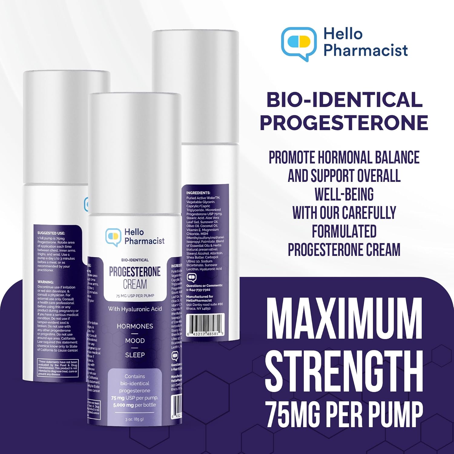 HelloPharmacist Bio-Identical Progesterone Cream - Maximum Strength 5,000mg with Hyaluronic Acid and Moisturizers - 75mg USP Per Pump - Fragrance-Free