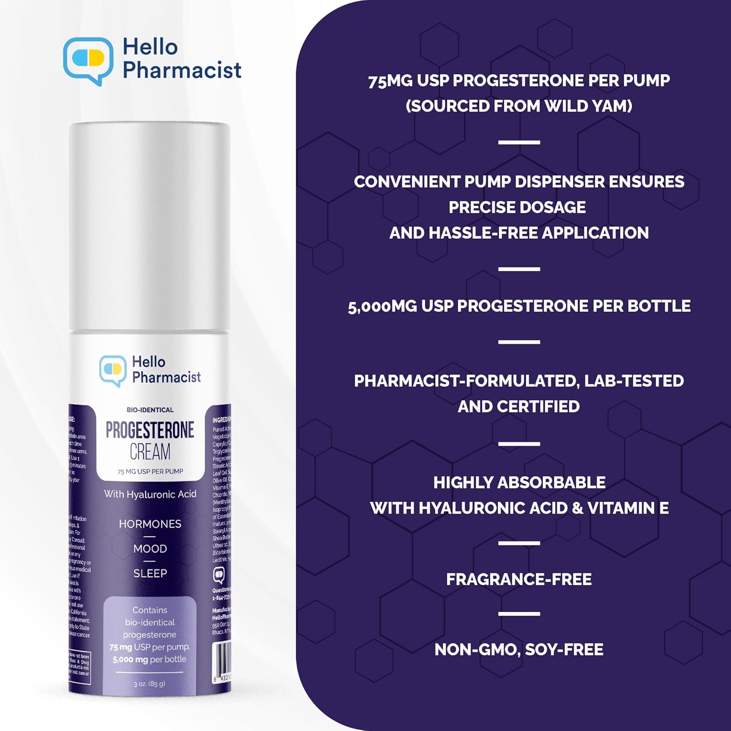 HelloPharmacist Bio-Identical Progesterone Cream - Maximum Strength 5,000mg with Hyaluronic Acid and Moisturizers - 75mg USP Per Pump - Fragrance-Free